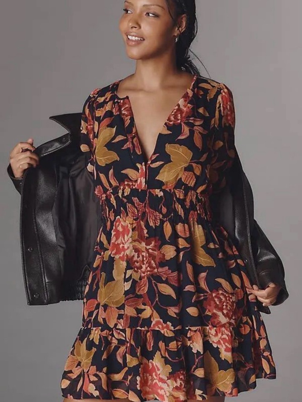 Anthropologie - The Somerset Mini Dress Long-Sleeve Edition - Black Floral XL
